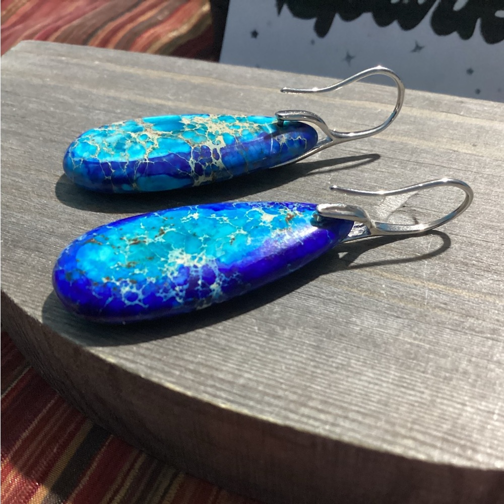 🪸Blue Sea Sediment Waterdrop Natural Stone French hook Earrings🐚 - Picture 12 of 12